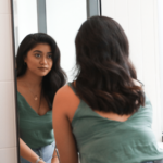 woman looking at her reflection in mirror